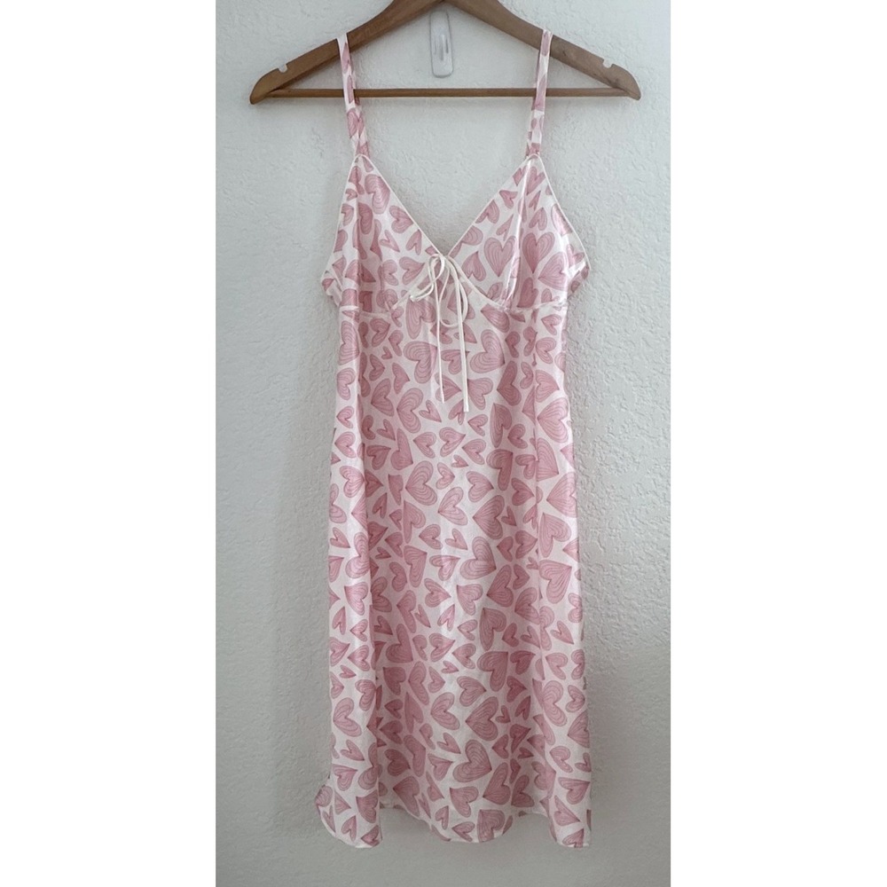 Adonna Babydoll Slip Nightie Lingerie Womens S Cream Pink Heart Satin Tie Whimsy